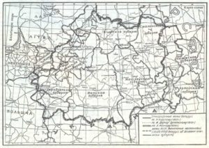 Карта этнаграфічных беларускіх зямель па М.Доўнар-Запольскаму, Я.Канчэру, Я.Карскаму.